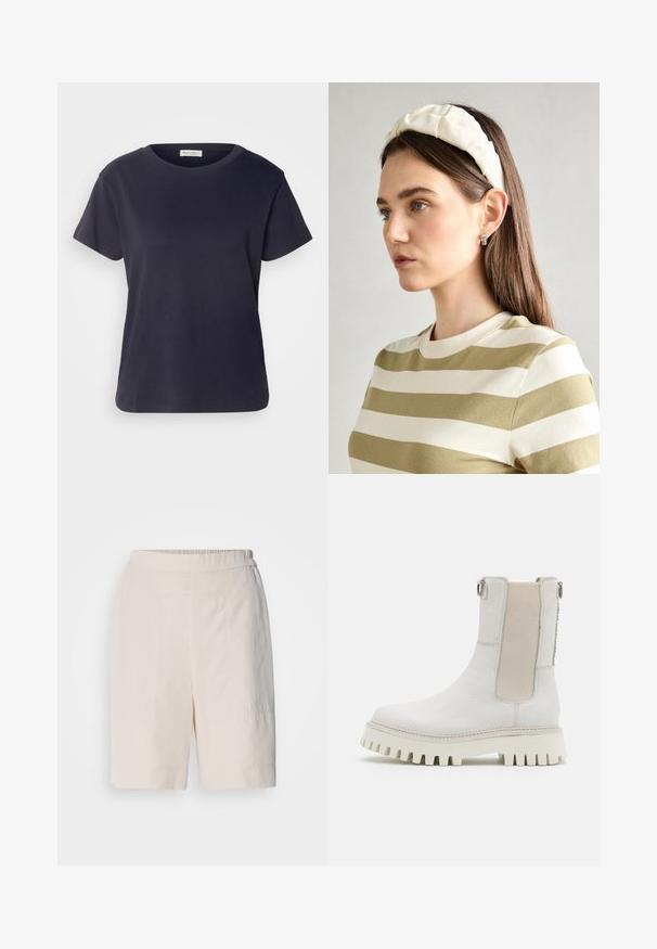 Navy blue cotton T-shirt with a round neckline, short sleeves, and a relaxed fit. Smooth texture and minimalist design, no visible patterns.; Cream-colored shorts with a relaxed fit, featuring a flat front, elastic waistband, and subtle stitching details on the sides.; Bronx GROOV-Y - Platform ankle boots - winter white; Cream padded headband with twisted design, paired with a beige and white striped shirt featuring a round neckline. Subtle jewelry accents.