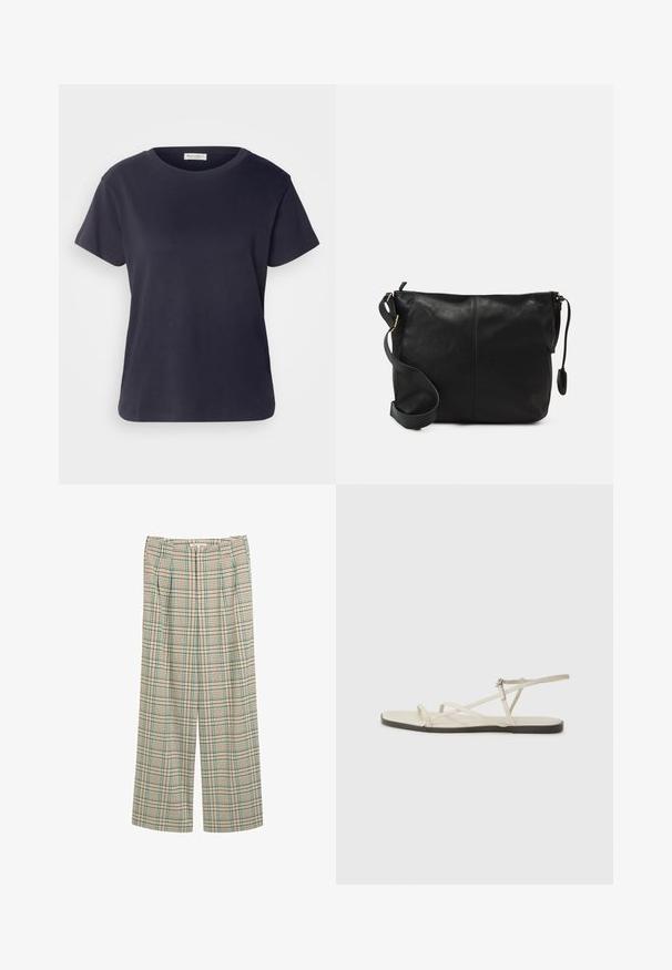 Tricou din bumbac de culoare albastru marin, cu decolteu rotund, mâneci scurte și croială lejeră. Textură netedă și design minimalist, fără modele vizibile.; Pantaloni largi dintr-un material carouri bej, cu accente verzi și bleumarin, având pliseuri frontale și un finisaj texturat.; Sandalie plate bej cu multiple bretele subțiri și o cataramă ajustabilă. Talpa este plată, cu un ușor contrast întunecat la margine.; Geantă de umăr din piele neagră, cu o formă plată, accente de metal auriu și o curea ajustabilă. Textură netedă cu detalii de cusătură minime.