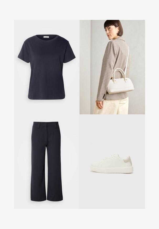 Mornarsko modra bombažna majica s krožno ovratnikom, kratkimi rokavi in sproščenim krojem. Gladka tekstura in minimalistična zasnova, brez vidnih vzorcev.; Široke hlače iz temno modrega blaga. Imajo raven sprednji del, obrobo za pas in stranske žepke. Material je gladek z rahlo elastičnostjo.; Beli nizki športni čevlji z gladko teksturo, ki vključujejo svetlo bež semiš nuta na peti in debel bel gumijast podplat.; Bela strukturirana torba z kratkimi ročaji in naramnim trakom, z zlatimi okrasnimi elementi in teksturiranim materialom, prikazana na sivi podlagi.
