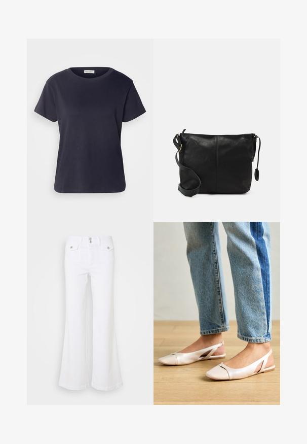 T-shirt in cotone blu navy con collo rotondo, maniche corte e vestibilità rilassata. Texture liscia e design minimalista, senza motivi visibili.; Jeans bianchi a palazzo realizzati in denim, con vita alta, due tasche frontali e dettagli in bottone argentato su uno sfondo semplice.; Ballerine slingback rosa pallido con punta affusolata, realizzate in un materiale simile alla pelle liscio. Presentano dettagli a taglio sui lati e un tacco piatto.; Borsa a tracolla in pelle nera con forma piatta, dettagli in metallo dorato e tracolla regolabile. Texture liscia con dettagli di cucitura minimi.