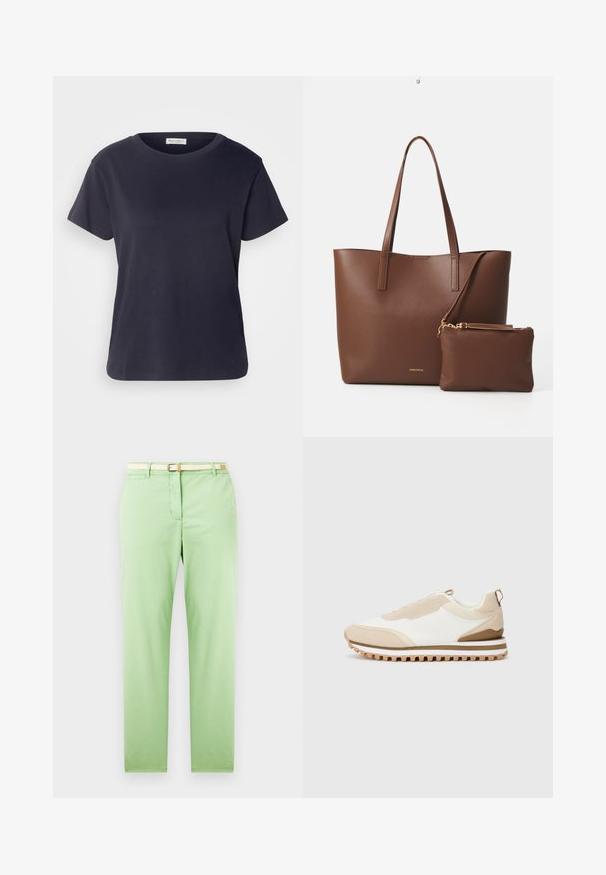 Sötétkék pamut póló kerek nyakkivágással, rövid ujjakkal és laza fazonnal. Simább tapintású és minimalista dizájn, látható minták nélkül.; Világoszöld, egyenes szabású pamut nadrág, szőtt bézs övvel, elülső zsebbe, látható minták vagy díszítések nélkül.; Beige és fehér alacsony szárú sportcipő, texturált talppal és saroknál húzófüllel, egy sima világos háttér előtt, oldalnézetből.; Barna műbőr válltáska két hosszú fogantyúval és egy matching kis tárolóval. A felülete textúrás mintázatú, arany színű fém díszítésekkel.