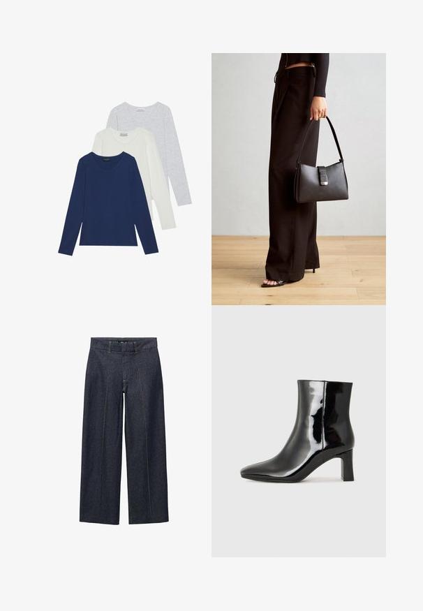 Set treh majic z dolgimi rokavi v temno modri, beli in svetlo sivi barvi. Vsaka majica ima okroglo ovratnik in gladko teksturo blaga.; Temno modri široki hlače iz denima s sprednjimi šivi in standardnim pasom. Ponuja oranžne šive in skrajšano dolžino.; Črne lakirane gležnjarje z ošiljenim nosom in srednje visokim blokastim peto. Gladka tekstura in minimalističen dizajn.; Črna torbica z strukturirano obliko, gladko teksturo in kovinskim zaponko. Ujemajo se z širokimi črnimi hlačami in odprtimi sandali na lesenem tleh.