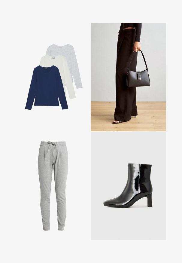 Trīs garām piedurknēm krekli komplektā, kuros ir jūras zils, balts un gaiši pelēks tonis. Katrā ir apaļa kakla izgriezne un gluda auduma tekstūra.; Pelēki sporta bikses, kas izgatavotas no mīkstas auduma, ar elastīgu jostasvietu un auklu, kā arī divām priekšējām kabatām ērtībai.; Melnas patentētas ādas potīšu zābaki ar norādītu pirkstu un vidēja augstuma kvadrātveida papēdi. Gluda tekstūra un minimālisma dizains.; Melnā somiņa ar strukturētu formu, gludu tekstūru un metālu sprādzi. Saskaņota ar platām melnām biksēm un sandālēm ar atvērtu purngalu uz koka grīdas.