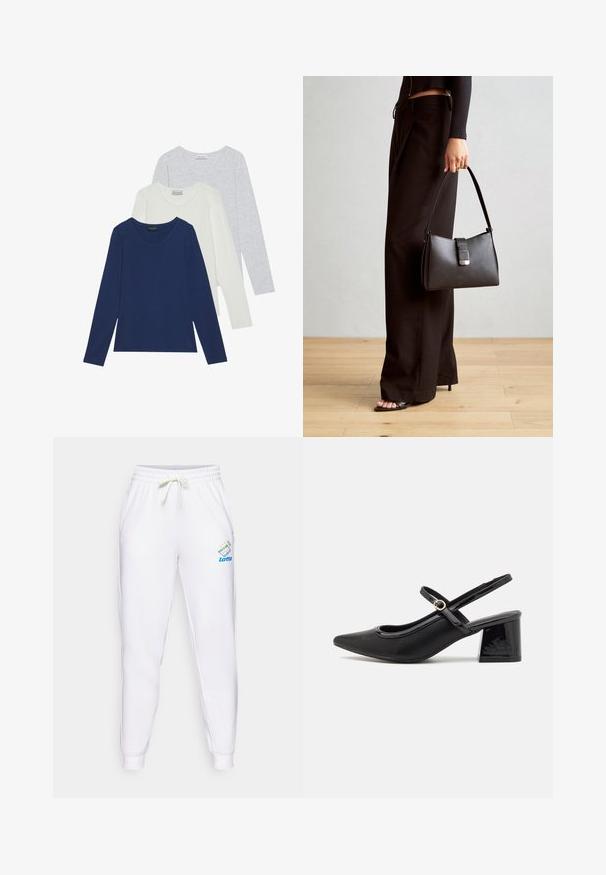 Kolm pikkade varrukatega särki tumesinises, valges ja helesinises värvitoonis. Igaühel on ümar kaelus ja sile kangas.; Valged dressipüksid elastse vöökoha ja reguleeritava nööriga. Vasakul reiel on sinine ja mitmevärviline Lotto logo.; Mustad läikivad nahast slingback-kõrged kontsad, millel on terav nina, ümar lõikekujundus ja blokknina. Omab kuldset nupu aktsenti.; Must musta kott, millel on struktureeritud kuju, sile tekstuur ja metallist klamber. Kombineeritud laiate mustade pükstega ja avatud varvaste sandaalidega puidust põrandal.