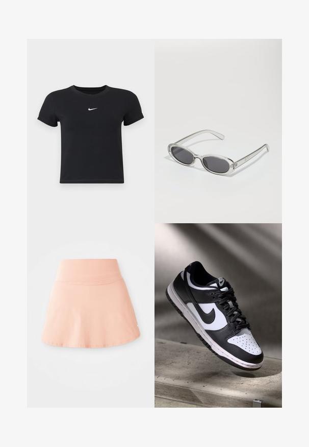 Svart T-skjorte med kort arm laget av bomull med rund hals. Har en hvit Nike-logo på brystet, minimalistisk design og tettsittende fasong.; Ferskenfarget treningsskjørt laget av glatt, elastisk stoff. Har bred linning, utvidet kant og en liten logo aksent på siden.; Svart og hvit Nike Dunk Low sneaker med skinnoverdel, perforert tåboks og svarte snøringer, med hvit såle og logoaksenter.; Solbriller med oval form, klar plastramme, mørkegrå linser og tynne gjennomsiktige armer med logopunksjoner og minimal detaljering.