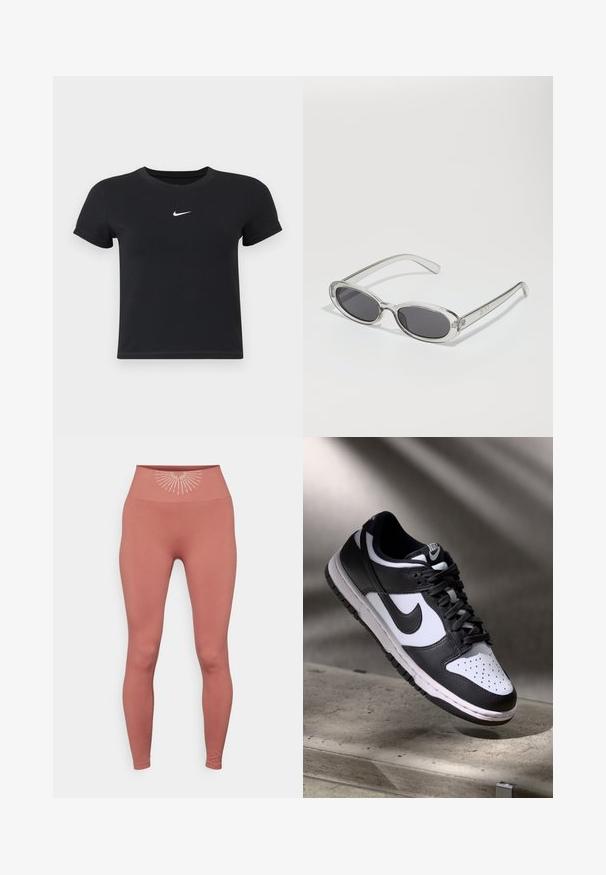 T-shirt nera a maniche corte in cotone con scollatura rotonda. Presenta un logo Nike bianco sul petto, un design minimalista e una forma aderente.; Yogasearcher KEISHO - Leggings - cedar; Sneaker Nike Dunk Low in bianco e nero con tomaia in pelle, punta perforata e lacci neri, caratterizzata da una suola bianca e dettagli del logo.; Occhiali da sole con forma ovale, montatura in plastica trasparente, lenti grigie scure e aste sottili trasparenti con accenti di logo e dettagli minimi.