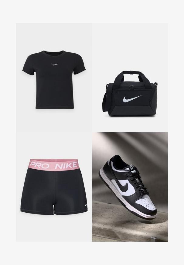 Čierne tričko s krátkym rukávom vyrobené z bavlny s okrúhlym výstrihom. Obsahuje biele logo Nike na hrudi, minimalistický dizajn a priliehavý strih.; Čierne športové šortky s ružovým elastickým pásom s nápisom "NIKE PRO". Vyrobené z hladkej, elastickej tkaniny s priliehajúcim dizajnom.; Čierno-biele tenisky Nike Dunk Low s koženým zvrškom, perforovanou špičkou a čiernymi šnúrkami, so bielou podrážkou a logovými akcentmi.; Čierna cestovná taška vyrobená z hladkej tkaniny, s dvojitými zipsovými vreckami, polstrovanými uchami a veľkým bielym logom Nike na prednej strane.