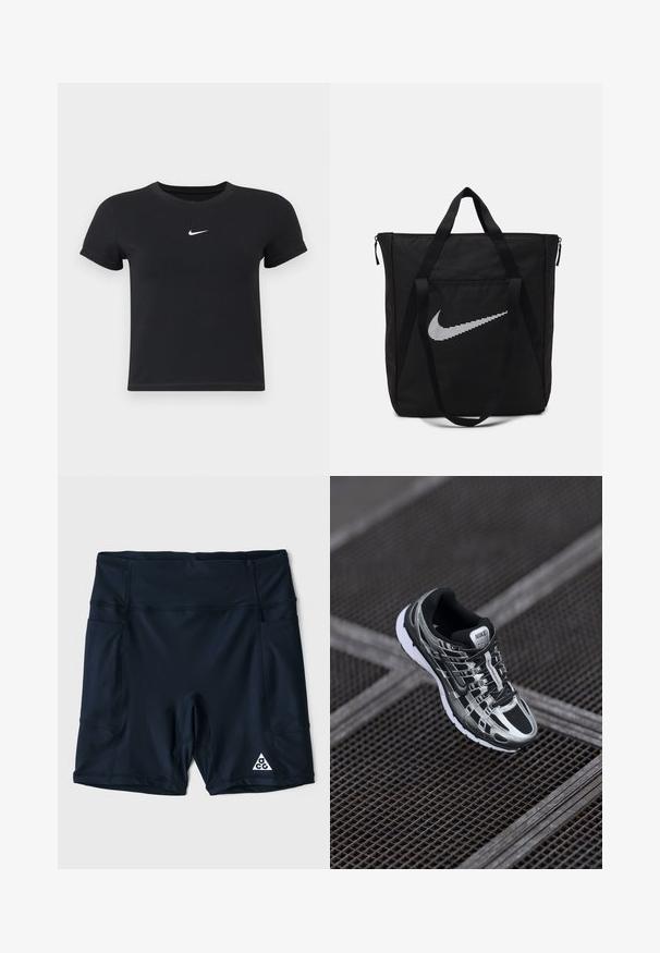 Črna kratka majica z rokavi iz bombaža s krožnim vratnim izrezom. Ima bel Nike logotip na prsih, minimalističen dizajn in oprijet kroj.; Temno modri atletski šortki iz elastičnega blaga, z visokim pasom, stranskimi žepi in belim logotipom v spodnjem desnem kotu.; Nike tekaške čevlje s črno-srebrno barvno shemo, mrežastim zgornjim delom, teksturiranim podplatom in sistemom vezalk za varen oprijem.; Črn najlonov torba s skrbnimi ročaji in zadrgo. Ima izrazit bel Nike swoosh logotip v horizontalnem črtastem dizajnu.