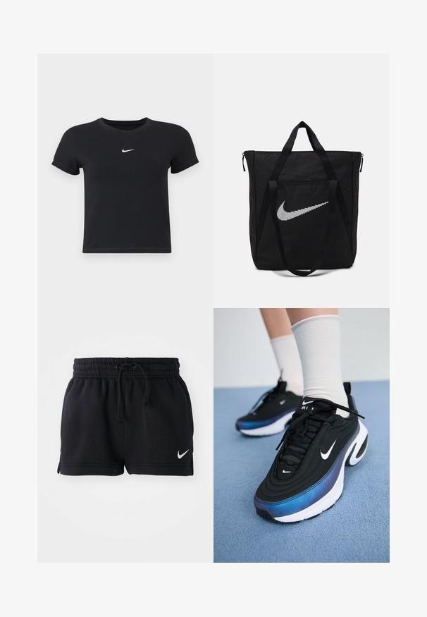 Crna majica kratkih rukava od pamuka s okruglim izrezom. Ima bijeli Nike logotip na prsima, minimalistički dizajn i oblik koji prati liniju tijela.; Crne atletske šortsice od mekog materijala, s elastičnim pojasom i vezicom, bočnim prorezima i malim bijelim logom na rubu.; Crne Nike tenisice s glatkom tkaninom, s gradijentnim dizajnom od plave do crne boje, bijelim potplatom i istaknutim logotipovima.; Crna najlon torba s dvije čvrste ručke i zatvaranjem na patentni zatvarač. Ima istaknutu bijelu Nike swoosh oznaku u horizontalnom prugastom dizajnu.