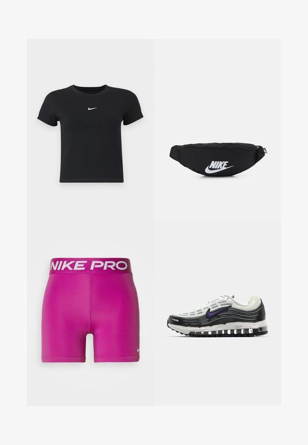Sort kortærmet t-shirt lavet af bomuld med rund hals. Har et hvidt Nike-logo på brystet, minimalistisk design og tætsiddende pasform.; Nike Performance SHORT - Tights - hot fuchsia; Nike Air Max sneakers med en hvid mesh-overdel, sorte detaljer, lilla logo, buet design og synlig luftdæmpning i sålen.; Sort nylon bæltetaske med lynlås, der har et stort hvidt Nike-logo. Glat tekstur og ergonomisk design for komfortabel bæring.