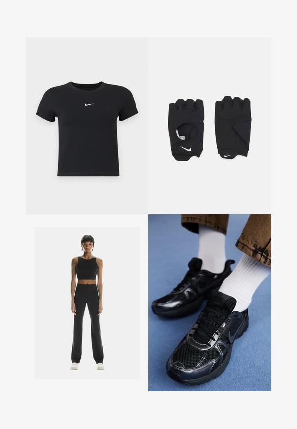 Zwarte katoenen t-shirt met korte mouwen en ronde hals. Voorzien van een wit Nike-logo op de borst, minimalistisch ontwerp en een aansluitende pasvorm.; On STUDIO  - Tights - black; Zwarte Nike sportschoenen met een mesh bovenkant en glanzende accenten, zwarte veters en een gestructureerde zool. In combinatie met witte geribde sokken.; Zwarte vingerloze handschoenen van rekbaar materiaal, met een open palmontwerp, gripaccenten en het Nike-logo in het wit.