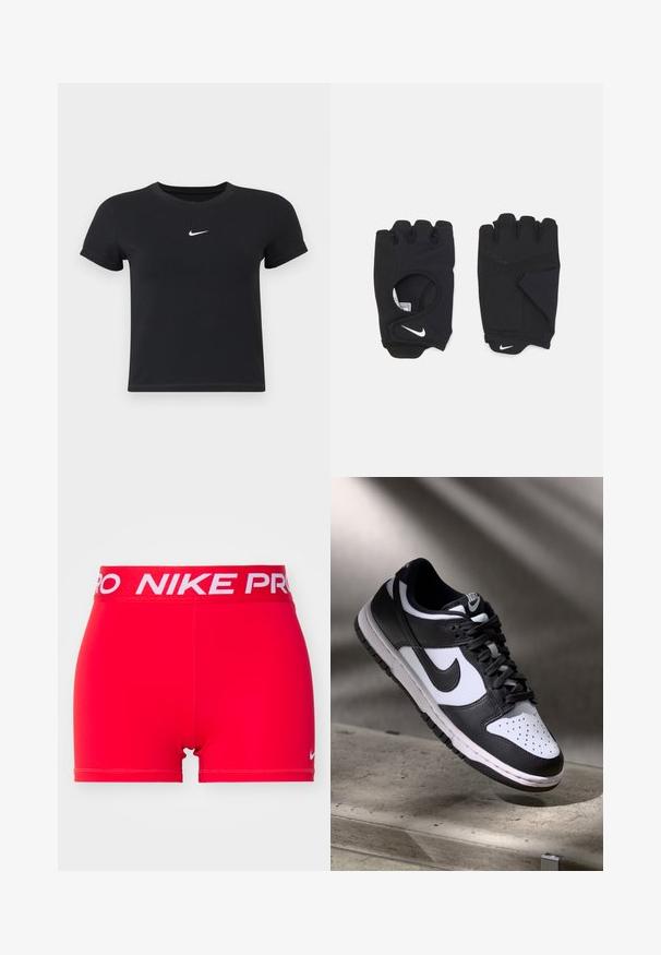 Schwarzes T-Shirt mit kurzen Ärmeln aus Baumwolle und rundem Ausschnitt. Es hat ein weißes Nike-Logo auf der Brust, ein minimalistisches Design und eine taillierte Form.; Rote sportliche Shorts mit einem weißen "NIKE PRO"-Logo an der Taille. Der Stoff ist glatt und elastisch, entworfen für Komfort und Beweglichkeit.; Schwarz-weißer Nike Dunk Low Sneaker mit Lederobermaterial, perforiertem Zehenbereich und schwarzen Schnürsenkeln, ausgestattet mit einer weißen Sohle und Logo-Akzenten.; Schwarze fingerlose Handschuhe aus dehnbarem Material, mit einem offenen Handdesign, Griffakzenten und dem weißen Nike-Logo.