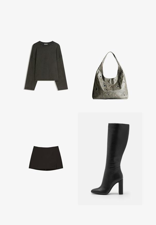 Maglia a maniche lunghe grigio scuro realizzata in un mix di cotone. Ha una forma ampia con scollatura rotonda e spalle scese, con cuciture visibili.; Mini gonna nera con taglio dritto e leggero spacco laterale. Realizzata in tessuto morbido, presenta un orlo pulito e un design minimalista.; Stivale in pelle nera al ginocchio con punta affusolata e tacco alto a blocco. Texture liscia con design minimalista e senza hardware visibile.; Borsa a tracolla in pelle verde oliva con un design morbido, caratterizzata da tagli circolari di diverse dimensioni e dettagli in tonalità più scure e più chiare.