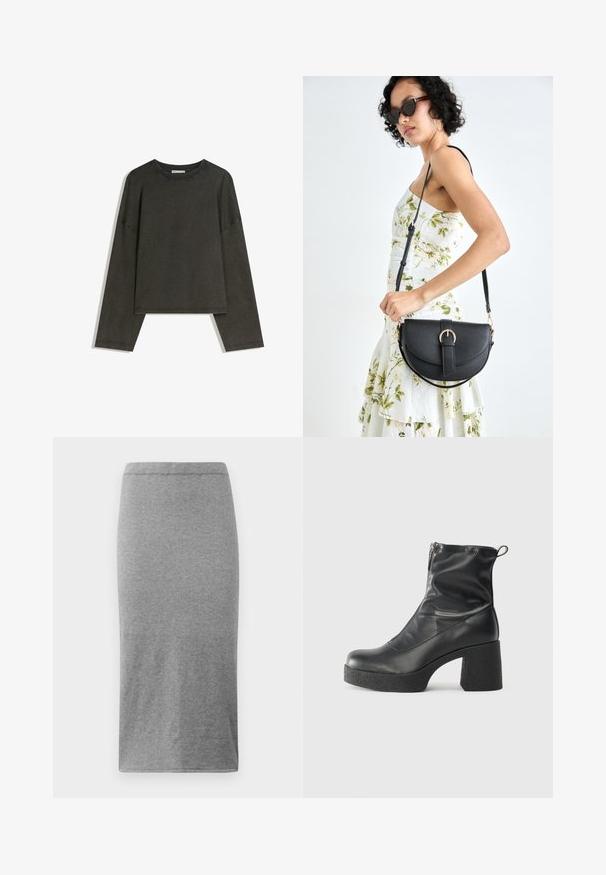 Sötétszürke, hosszú ujjú felső, pamut-összeállítású anyagból. Téglalap alakú, kerek nyakkivágással és lejjebb húzott vállakkal, látható varrásokkal.; Szürke, térd térdig érő szoknya puha, rugalmas anyagból. Egyszerű, testhezálló kialakítással rendelkezik, rugalmas derékvonallal és sima felülettel.; Fekete bokacsizmák sima bőrből, oldalsó cipzárral, vastag, texturált sarkú és lekerekített orrú dizájnnal.; Fekete bőrtáska ívelt formával, levehető pánttal és arany színű fémrészekkel. A táskán egy csattal díszített fedél található.