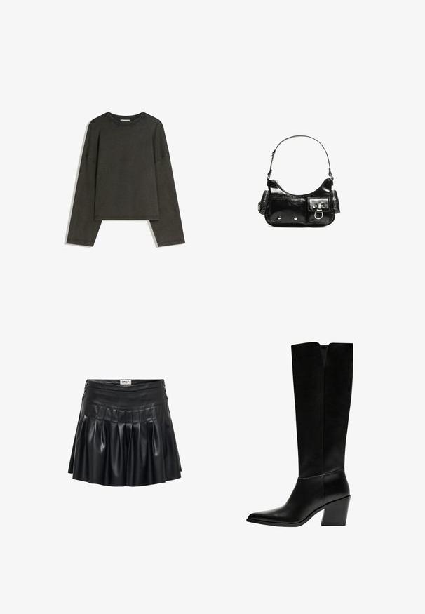 Ciemnoszara bluzka z długim rękawem wykonana z mieszanki bawełny. Prosty krój z okrągłym dekoltem i opuszczonymi ramionami, z widocznymi szwami.; Czarna spódnica z ekologicznej skóry z plisami, dopasowaną talią i ozdobnymi elementami po bokach. Gładka faktura z lśniącym wykończeniem.; Czarne kozaki do kolan wykonane z gładkiej skóry, z ostro zakończonym noskiem, blokowym obcasem i wycięciem w kształcie litery V na górze.; Czarna torebka z lakierowanej skóry o zaokrąglonym kształcie, z jednym paskiem na ramię, przednimi kieszeniami i akcentami w kolorze srebrnym.