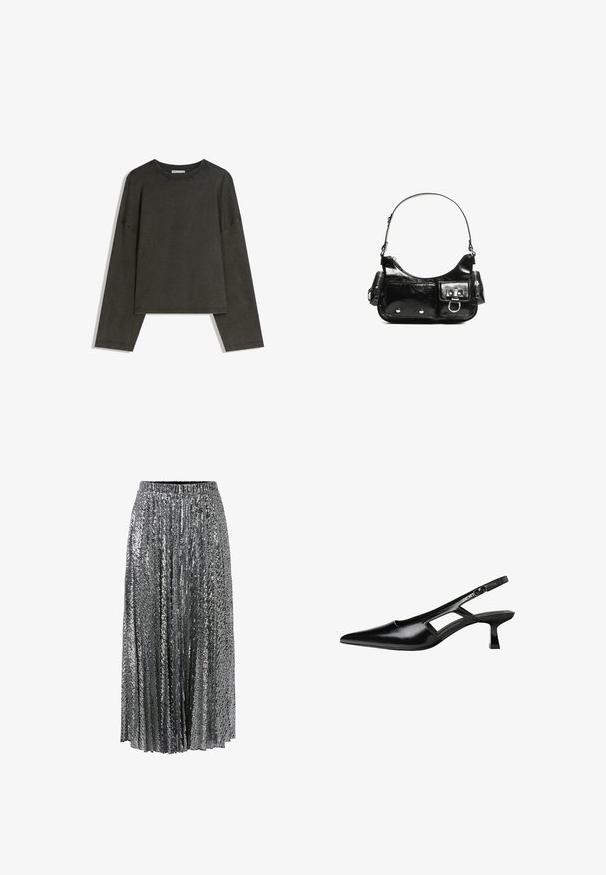 Tummanharmaa pitkähihainen paita, joka on valmistettu puuvillasekoitekankaasta. Laatikkomainen muoto, jossa on pyöreä pääntie ja tiputetut olkapäät, sisältäen näkyvää ommelta.; Hopeapintaiset paljettihame, laskostettu malli, joustava vyötärö, lattiaan asti ulottuva, heijastava rakenne ja kimaltava pinta yksityiskohdissa.; Mustat lakatut nahkakengät, joissa on viistopää, leikattu sivusuunnassa ja pieni neliökoroke. Sujuva pinta, jossa on minimaalinen koristelu.; Mustekko mustasta kiiltonahasta valmistettu käsilaukku, jossa on kaareva muoto, yksi olkahihna, etutaskut ja hopeanväriset yksityiskohdat.