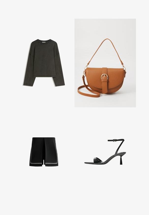 Tmavo šedý dlhý rukáv top vyrobený z bavlneného materiálu. Štvorcový strih s okrúhlym výstrihom a spustenými ramenami, s viditeľným stehom.; Čierne šortky s jedinečným rozdeleným dizajnom, s bielym lemovaním pozdĺž okrajov. Vyrobené z ľahkého materiálu, majú čistý, moderný strih.; Bershka Sandále na vysokom opätku - black; Hnedá kožená kabelka cez telo s zakriveným tvarom, zlatými kovovými doplnkami a akcentom s prackou. Obsahuje odnímateľný ramenný popruh.