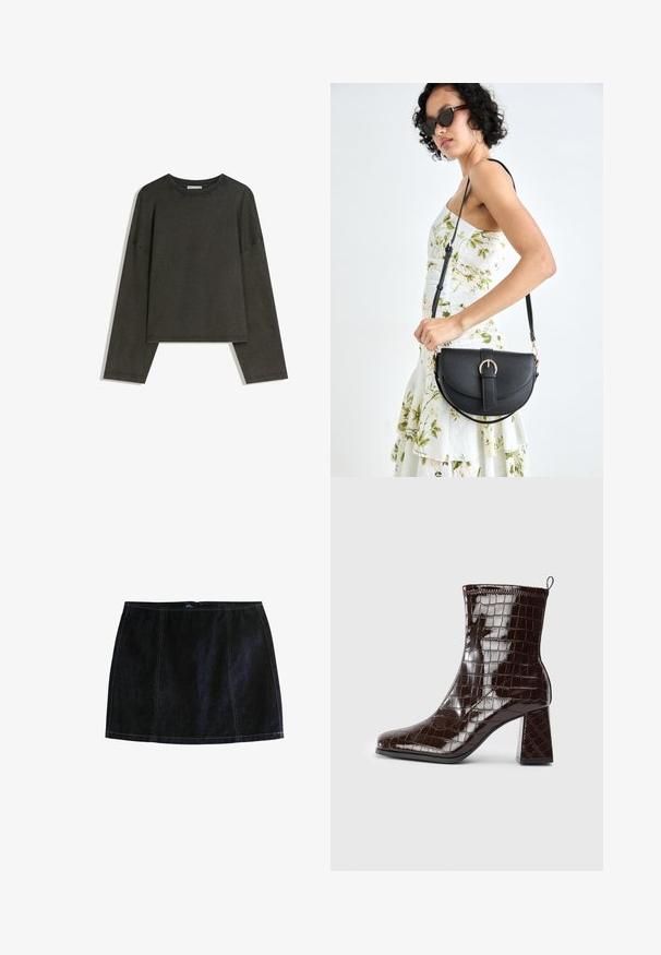 Tricou lung cu maneci gri închis, realizat dintr-un amestec de bumbac. Formă pătrată cu guler rotund și umeri căzuți, prezentând cusături vizibile.; Fustă mini din denim închis, cu cusături galbene în contrast, o siluetă ajustată și închidere cu fermoar. Design clasic cu cinci buzunare.; Botină de gleznă din piele lacuită maro închis, cu textură de crocodil, toc bloc și maner la spate, pe fundal alb.; Geantă din piele neagră, cu o formă curbată, curea detașabilă și accesorii aurii. Geanta are un capac cu un detaliu tip cataramă.