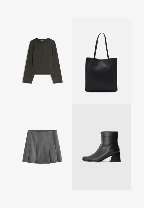Tmavo šedý dlhý rukáv top vyrobený z bavlneného materiálu. Štvorcový strih s okrúhlym výstrihom a spustenými ramenami, s viditeľným stehom.; Sivá plisovaná sukňa vyrobená z mäkkej tkaniny, s pásom a s rovnomernými záhybmi pre štruktúrovaný vzhľad.; Čierna kožená členková obuv so štvrcovým špičkou, bočným zipsom a blokovým podpätkom na jednoduchom svetlom pozadí.; Čierna kožená taška na rameno s hladkým povrchom, obdĺžnikovým tvarom a dvoma dlhými uchami. Bez viditeľného kovania alebo ozdôb.