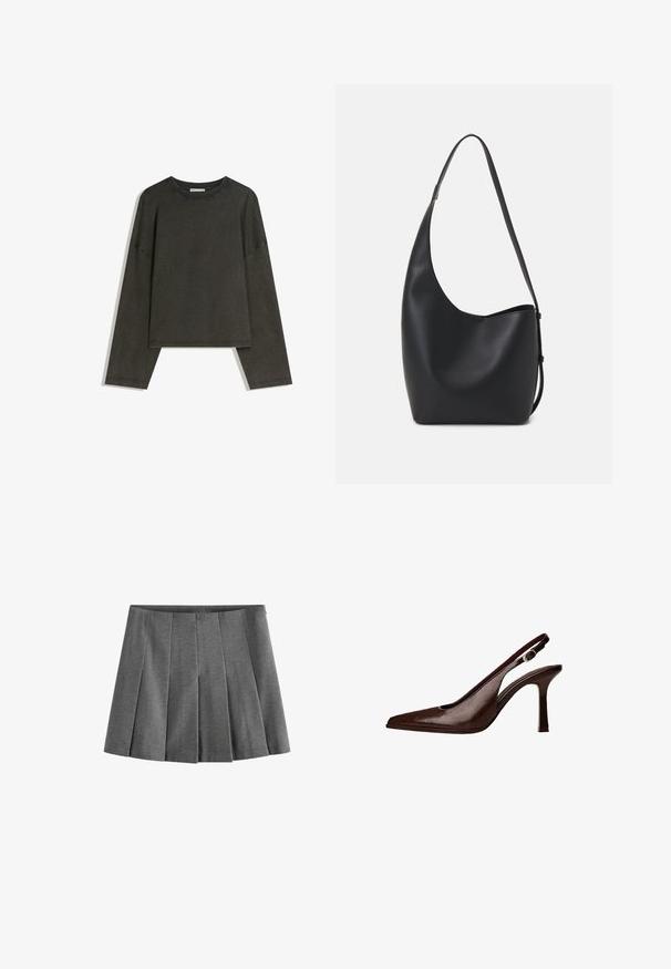 Tmavě šedý dlouhý rukáv top vyrobený z bavlněné směsi. Krabicový střih s kulatým výstřihem a spadlými rameny, s viditelným šitím.; Šedá skládací sukně vyrobená z měkké látky, s páskem a vykazující rovnoměrné sklady pro strukturovaný vzhled.; Hnědá kožená lodička na tenkém podpatku se špičatou špičkou. Má malou ozdobnou přezku na pásku a lesklý povrch.; Černá kožená hobo taška s hladkým povrchem, zakřiveným tvarem a jedním nastavitelným popruhem; má široké otevírání nahoře.