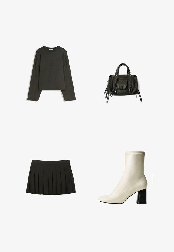 Ciemnoszara bluzka z długim rękawem wykonana z mieszanki bawełny. Prosty krój z okrągłym dekoltem i opuszczonymi ramionami, z widocznymi szwami.; Czarna, plisowana mini spódnica z dopasowanym paskiem w talii i zamkiem błyskawicznym z boku, wyeksponowana na białym tle.; Kremowe botki za kostkę z gładkiego materiału, z spiczastym noskiem i teksturowanym czarnym, blokowym obcasem. Szwy wzdłuż boków.; Czarna skórzana torebka z plecionymi uchwytami, kieszenią na zamek i zawieszkami. Teksturowana powierzchnia z metalowymi ćwiekami i akcentami ze stali.