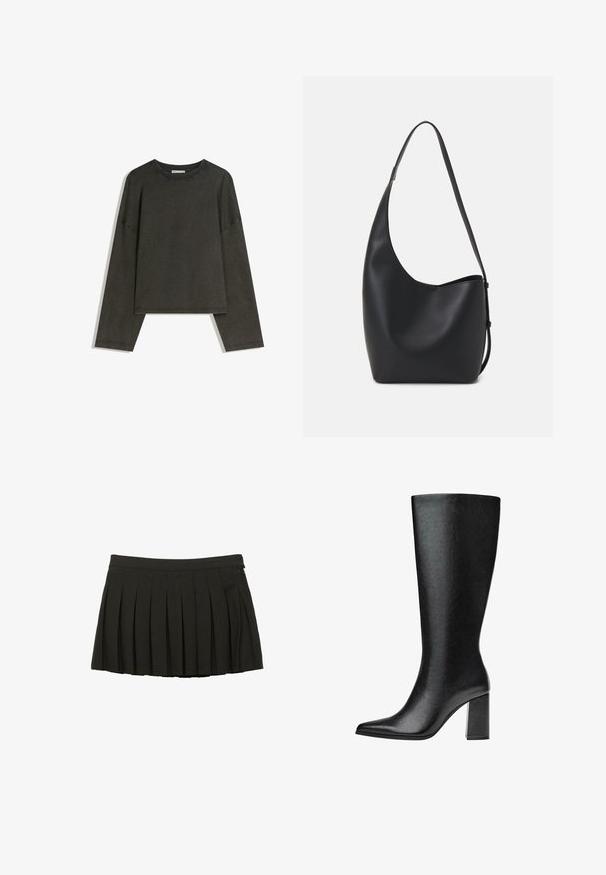 Tmavo šedý dlhý rukáv top vyrobený z bavlneného materiálu. Štvorcový strih s okrúhlym výstrihom a spustenými ramenami, s viditeľným stehom.; Čierna skladaná mini sukňa s priliehavým pásom a bočným zipsom, vystavená na bielom pozadí.; Čierne vysoké čižmy po kolená vyrobené z umelej kože, s špicatou špičkou, hladkým povrchom a robustným blokovým podpätkom. Minimalistický design bez viditeľných akcentov.; Čierna kožená hobo taška so hladkou textúrou, zakriveným tvarom a jedným nastaviteľným popruhom; má široké otvorenie na vrchu.