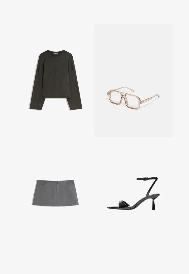 Tricou lung cu maneci gri închis, realizat dintr-un amestec de bumbac. Formă pătrată cu guler rotund și umeri căzuți, prezentând cusături vizibile.; Fustă gri cu croială dreaptă, două buzunare frontale, închidere cu nasture pe față și un model texturat subtil.; Bershka Sandale cu toc - black; Ochelari hexagonali transparenți cu nuanțe de maro deschis; cadre groase, clare și brațe subțiri; fără logo-uri sau modele vizibile.; Geantă de mână din piele lăcuită neagră, cu o formă curbată, un umăr, buzunare frontale și accente din metal argintiu.