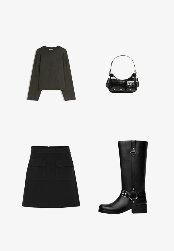Maglia a maniche lunghe grigio scuro realizzata in un mix di cotone. Ha una forma ampia con scollatura rotonda e spalle scese, con cuciture visibili.; Gonna mini nera con una vita aderente, due tasche a patta sul fronte e una texture liscia. Silhouette svasata, design fino al ginocchio.; Stivali neri alti in finta pelle con punta tonda, dettaglio della fibbia della cintura accentuata e tacco largo. Texture liscia e cucitura verticale sul gambale.; Borsa a spalla in vernice nera con forma curvata, una tracolla, tasche frontali e dettagli in metallo argentato.