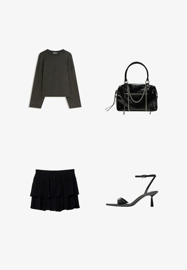 Dunkelgraues Langarmshirt aus Baumwoll-Mischgewebe. Boxy-Schnitt mit Rundhalsausschnitt und überschnittenen Schultern, mit sichtbaren Nähten.; Schwarzer, gestufter Minirock mit Rüschendesign, aus weichem Stoff und elastischem Bund für Komfort. Fließende Textur mit geschichteten Stufen.; Bershka High Heel Sandalette - black; Bershka WITH CHAIN - Handtasche - black