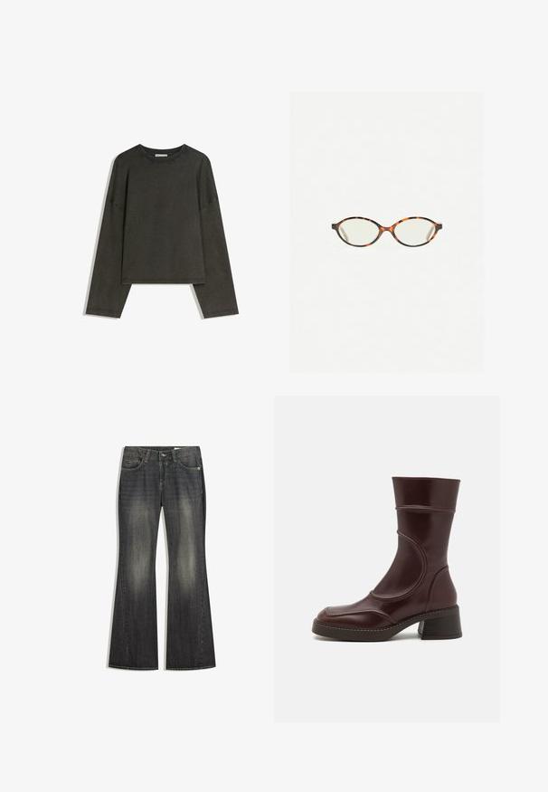Sötétszürke, hosszú ujjú felső, pamut-összeállítású anyagból. Téglalap alakú, kerek nyakkivágással és lejjebb húzott vállakkal, látható varrásokkal.; Tágított sötét mosott farmerekről van szó, melyeken enyhe kopás látható, öt zseb található, és kontrasztos varrás jellemzi. A klasszikus gombos és cipzáras záródásúak.; MIISTA MALENE - Klasszikus bokacsizmák - brown; Tortábar színű szemüveg ovális lencsékkel és sima, elegáns felülettel. Vékony szárakkal rendelkezik, amelyeken finom ív található a halántéknál. Átlátszó lencsék.