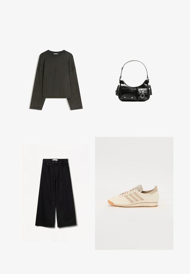 Sötétszürke, hosszú ujjú felső, pamut-összeállítású anyagból. Téglalap alakú, kerek nyakkivágással és lejjebb húzott vállakkal, látható varrásokkal.; Bershka WIDE-LEG - Széles szárú - black; Világos bézs sportcipő hálós felsőrésszel, három csíkkal és textúrával ellátott gumitalppal. Kerek orr és minimalista dizájn jellemzi.; Fekete lakkbőr kézitáska ívelt formával, egy vállpánttal, elülső zsebekkel és ezüstszínű fémrészletekkel.