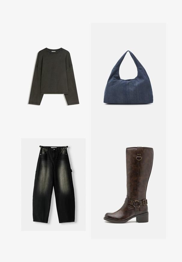 Maglia a maniche lunghe grigio scuro realizzata in un mix di cotone. Ha una forma ampia con scollatura rotonda e spalle scese, con cuciture visibili.; Pantaloni in denim neri larghi con una texture sbiadita, cinque tasche e un anello sulla vita. Il design presenta una vestibilità ampia e gambe dritte.; Stivali al ginocchio in pelle marrone con punta rotonda, cinturino decorativo, accessori circolari e tacco basso a blocco. Texture liscia in tutto.; Borsa in denim blu scuro con una forma morbida e flessibile, caratterizzata da un manico in stile hobo e una superficie testurizzata. Senza accenti hardware visibili.