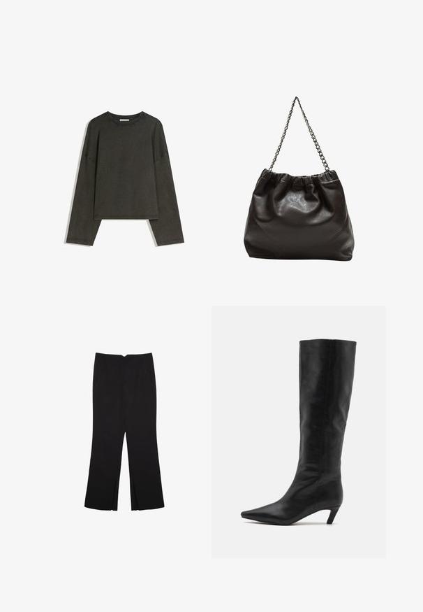 Maglia a maniche lunghe grigio scuro realizzata in un mix di cotone. Ha una forma ampia con scollatura rotonda e spalle scese, con cuciture visibili.; Pantaloni neri a gamba dritta, con tasche frontali e spacchi laterali all'orlo. Realizzati in tessuto morbido e liscio. Adatti a diverse occasioni.; RAID FLAURA - Stivali alti - black; Borsa in pelle marrone con parte superiore arricciata e tracolla a catena. Texture liscia con finitura lucida e dettagli di cucitura sottili sui lati.