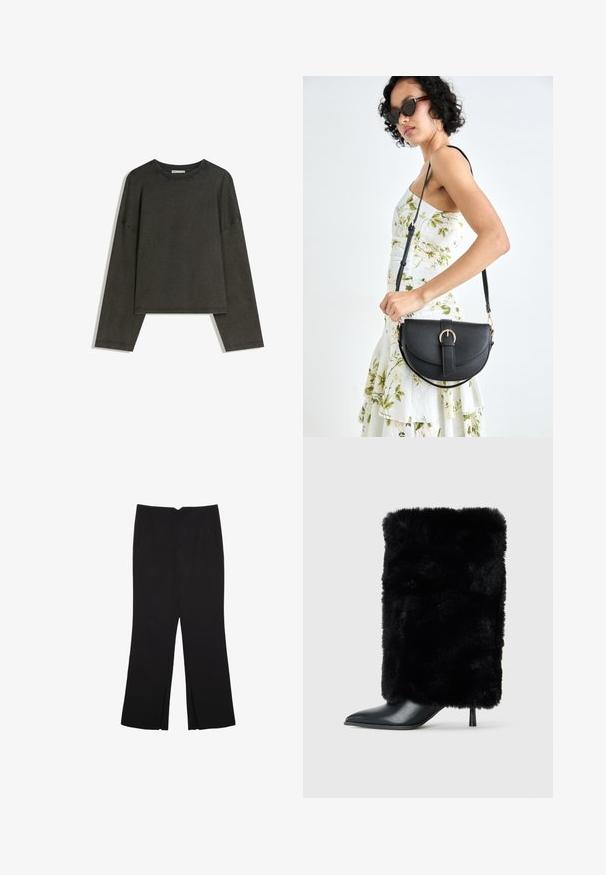 Tmavo šedý dlhý rukáv top vyrobený z bavlneného materiálu. Štvorcový strih s okrúhlym výstrihom a spustenými ramenami, s viditeľným stehom.; Čierne nohavice so strihom rovného strihu, s prednými vreckami a bočnými rozparkami na leme. Vyrobené z mäkkej, hladkej tkaniny. Vhodné na rôzne príležitosti.; Čierna členková obuv s špicatou špičkou a ihlovým podpätkom, so zamatovým čiernym umelým kožúškom na holeni. Hladká kožená ozdoba na špičke.; Čierna kožená kabelka s zaobleným tvarom, odnímateľným popruhom a zlatými doplnkami. Kabelka má klopu s detailom s prackou.