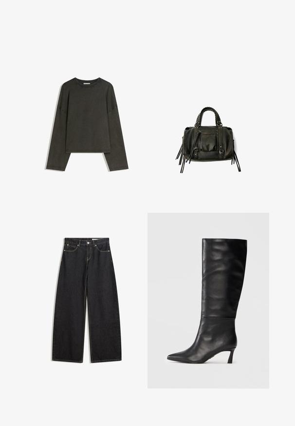 Tummanharmaa pitkähihainen paita, joka on valmistettu puuvillasekoitekankaasta. Laatikkomainen muoto, jossa on pyöreä pääntie ja tiputetut olkapäät, sisältäen näkyvää ommelta.; Mustat leveälahkeiset farkut korkealla vyötäröllä, viisi taskua, kontrastiväriset saumat ja nappikiinnitys. Sileä tekstuuri ja klassinen leikkaus.; Mustat nahkaiset polvipituiset saappaat, joissa on terävä varvas ja kapea korko. Liukas pinta, saumatonta muotoilua ja kiiltävä viimeistely.; Musta nahkainen käsilaukku letitetuilla kahvoilla, vetoketjullinen tasku ja roikkuvat tupsut. Muotoiltu pinta metallisten niittien ja varusteiden korostuksilla.