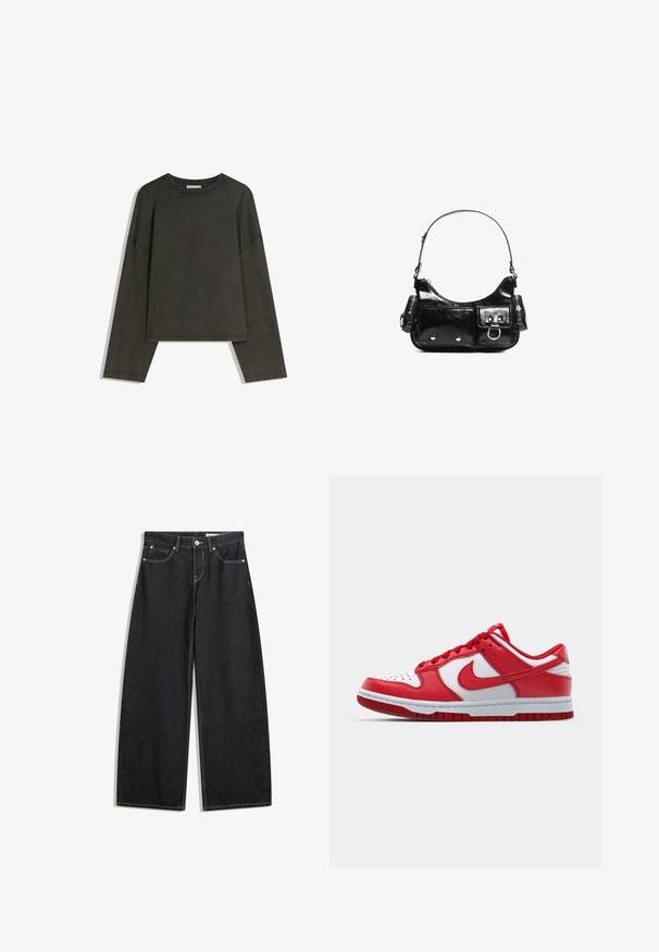 Tricou lung cu maneci gri închis, realizat dintr-un amestec de bumbac. Formă pătrată cu guler rotund și umeri căzuți, prezentând cusături vizibile.; Blugi negri cu picioare largi, talie înaltă, cinci buzunare, cusături în contrast și închidere cu buton. Textură netedă cu un croi clasic.; Pantofii sport Nike roșii și albi, cu un superior din piele, bot perforat, șireturi plate și o talpă din cauciuc cu un model de profil.; Geantă de mână din piele lăcuită neagră, cu o formă curbată, un umăr, buzunare frontale și accente din metal argintiu.