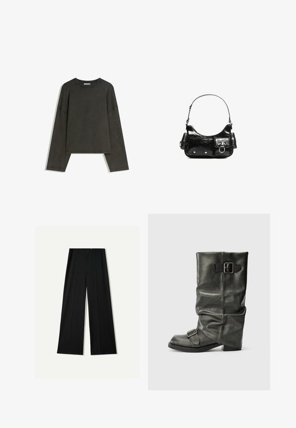 Sötétszürke, hosszú ujjú felső, pamut-összeállítású anyagból. Téglalap alakú, kerek nyakkivágással és lejjebb húzott vállakkal, látható varrásokkal.; Bershka WIDE - Nadrágok - black; Fekete műbőr bokacsizma laza szárra, vastag sarokra és oldalt két fémcsattal a részletezéshez.; Fekete lakkbőr kézitáska ívelt formával, egy vállpánttal, elülső zsebekkel és ezüstszínű fémrészletekkel.