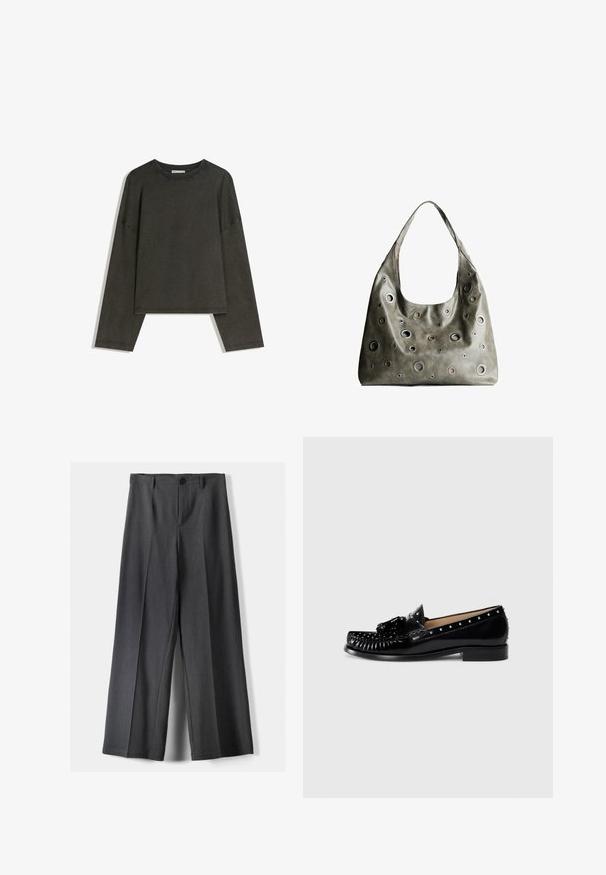 Ciemnoszara bluzka z długim rękawem wykonana z mieszanki bawełny. Prosty krój z okrągłym dekoltem i opuszczonymi ramionami, z widocznymi szwami.; Spodnie o szerokich nogawkach w ciemnoszarym kolorze, z zapięciem na guzik, plisami z przodu i szlufkami na pasek. Gładka faktura z dopasowanym krojem.; Czarne skórzane loafersy z dekoracyjnym przeszyciem, metalowymi ćwiekami wzdłuż górnej części, niskim obcasem oraz teksturowaną kokardą na przodzie.; Oliwkowa skórzana torebka o luźnym fasonie, z różnej wielkości okrągłymi wycięciami i akcentami w ciemniejszych i jaśniejszych odcieniach.