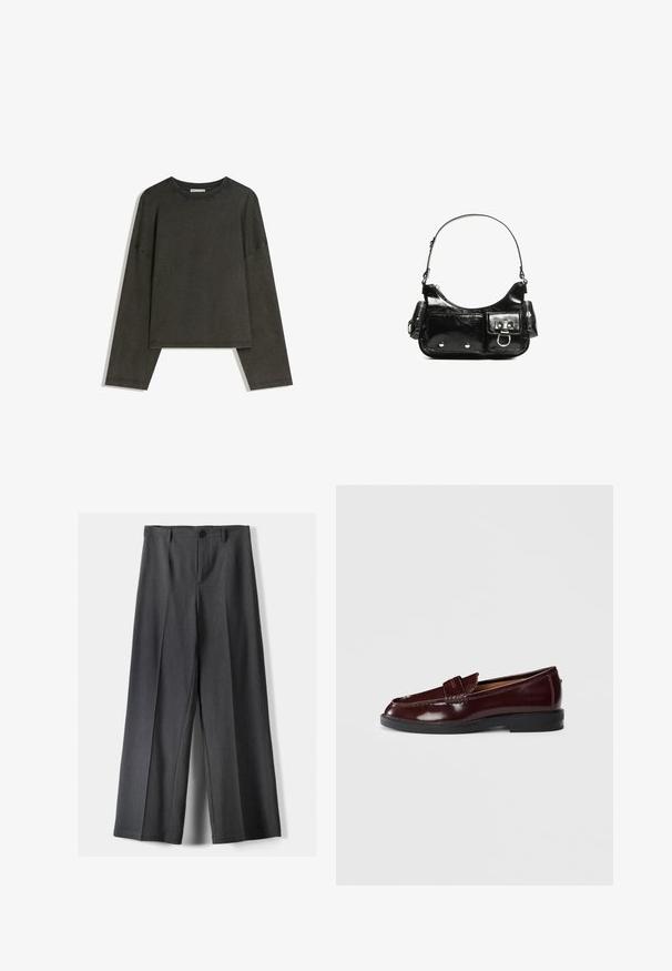 Tricou lung cu maneci gri închis, realizat dintr-un amestec de bumbac. Formă pătrată cu guler rotund și umeri căzuți, prezentând cusături vizibile.; Pantaloni evazați din țesătură gri închis, cu închidere cu buton, pliseuri frontale și curea. Textură netedă cu un design ajustat.; Mocasini din piele burgundă închisă, cu talpă neagră, detaliu cu bandă pentru monedă și toc jos, prezentați din partea exterioară pe un fundal alb.; Geantă de mână din piele lăcuită neagră, cu o formă curbată, un umăr, buzunare frontale și accente din metal argintiu.