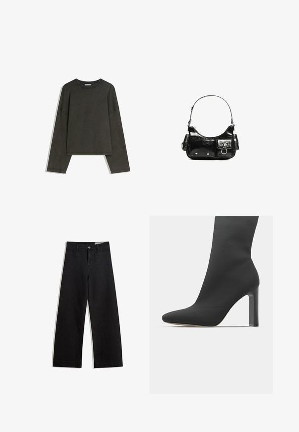 Tmavě šedý dlouhý rukáv top vyrobený z bavlněné směsi. Krabicový střih s kulatým výstřihem a spadlými rameny, s viditelným šitím.; Černé denimové kalhoty s volným střihem a vysokým pasem, vybavené předními a zadními kapsami, prošívanými švy a knoflíkovým zapínáním. Hladká textura.; Černé stiletto kotníkové boty se štíhlým designem připomínajícím ponožku, špičatou špičkou, hladkým materiálem a čtveratým vysokým podpatkem. Minimalistická estetika.; Černá lakovaná kožená kabelka s křivkovým tvarem, jedním ramenním popruhem, předními kapsami a stříbrnými kovovými detaily.