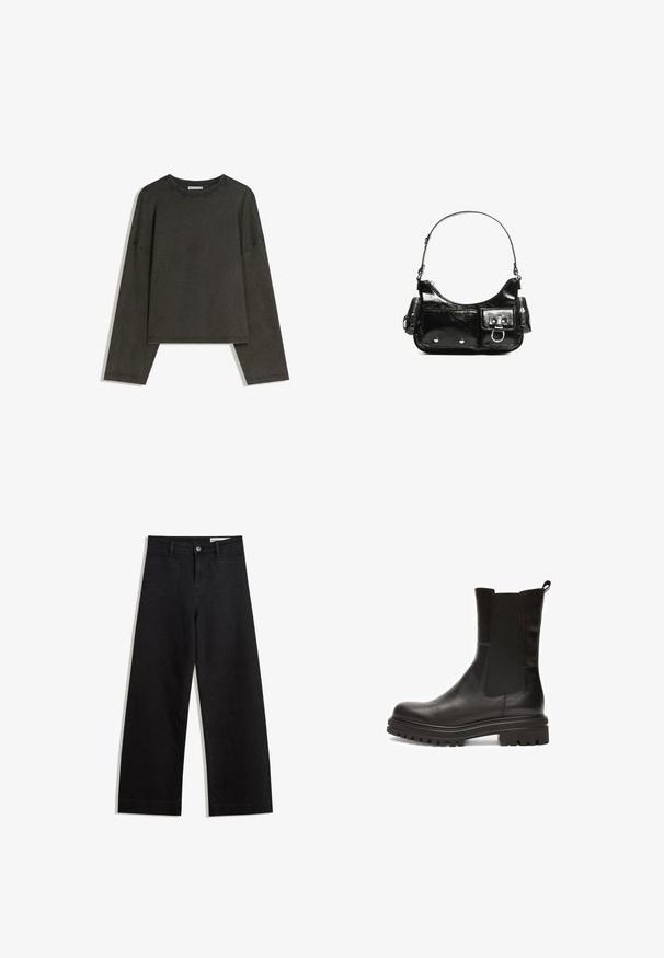 Tmavě šedý dlouhý rukáv top vyrobený z bavlněné směsi. Krabicový střih s kulatým výstřihem a spadlými rameny, s viditelným šitím.; Černé denimové kalhoty s volným střihem a vysokým pasem, vybavené předními a zadními kapsami, prošívanými švy a knoflíkovým zapínáním. Hladká textura.; Černé kožené kotníkové boty s elastickými bočními panely, zakulacenou špičkou a silnou, texturovanou gumovou podrážkou se zřetelným vzorem pro lepší trakci.; Černá lakovaná kožená kabelka s křivkovým tvarem, jedním ramenním popruhem, předními kapsami a stříbrnými kovovými detaily.