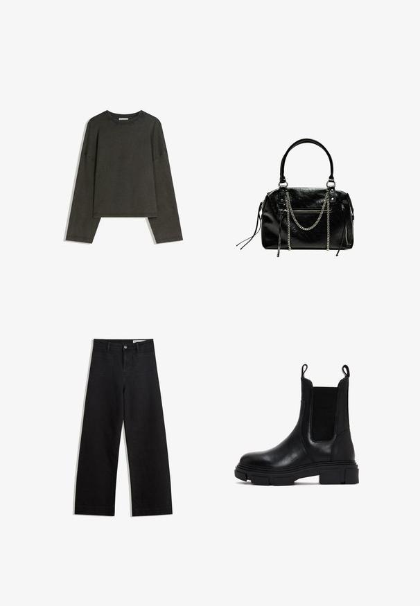 Maglia a maniche lunghe grigio scuro realizzata in un mix di cotone. Ha una forma ampia con scollatura rotonda e spalle scese, con cuciture visibili.; Pantaloni in denim neri a gamba larga con vita alta, dotati di tasche anteriori e posteriori, cuciture a punto, e chiusura con bottone. Texture liscia.; Stivali Chelsea in pelle nera con pannelli laterali elastici, suola in gomma spessa e linguette per indossarli. Finitura liscia e dettagli testurizzati sui lati.; Bershka WITH CHAIN - Borsa a mano - black