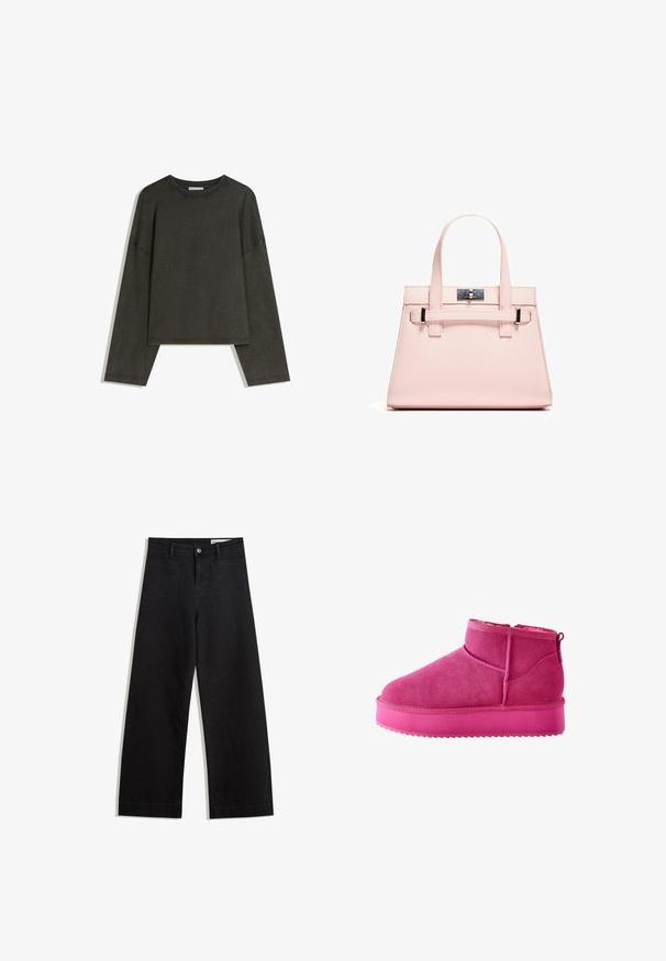 Dunkelgraues Langarmshirt aus Baumwoll-Mischgewebe. Boxy-Schnitt mit Rundhalsausschnitt und überschnittenen Schultern, mit sichtbaren Nähten.; Schwarze weit geschnittene Jeans mit hoher Taille, ausgestattet mit Vorder- und Hintertaschen, gesteppten Nähten und einem Knopfverschluss. Glatte Textur.; Next Snowboot/Winterstiefel - pink; Rosa strukturierte Handtasche aus strukturiertem Leder mit zwei Obergriffen, einem Klappverschluss und kontrastierenden Metallelementen.