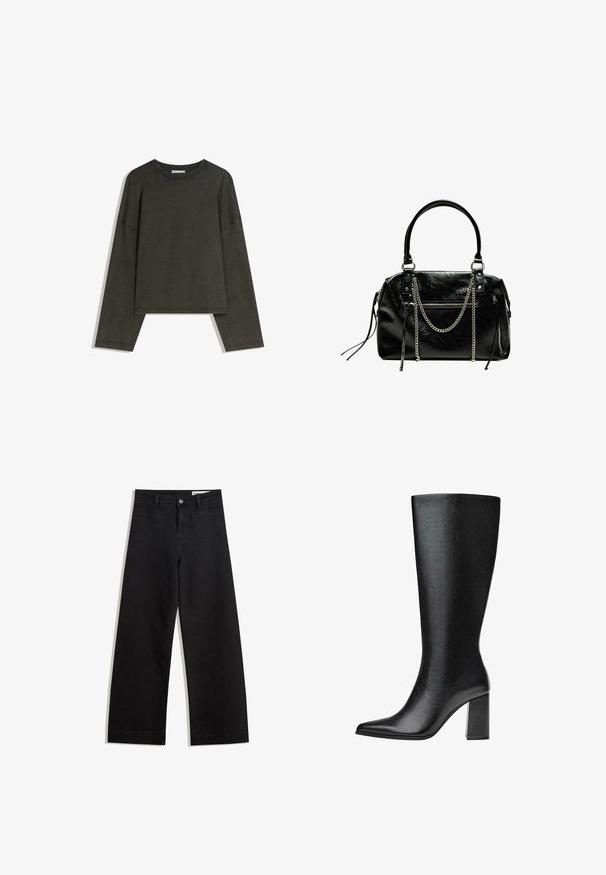 Mörkgrå långärmad topp i en bomullsblandning. Boxig form med rund halsringning och sänkt axel, med synliga sömmar.; Svarta vida denimbyxor med hög midja, med fram- och bakfickor, sydda sömmar och knappstängning. Slät textur.; Svart knähög stövel i faux läder med spetsig tå, slät yta och kraftig blockklack. Minimalistisk design utan synliga detaljer.; Bershka WITH CHAIN - Handväska - black