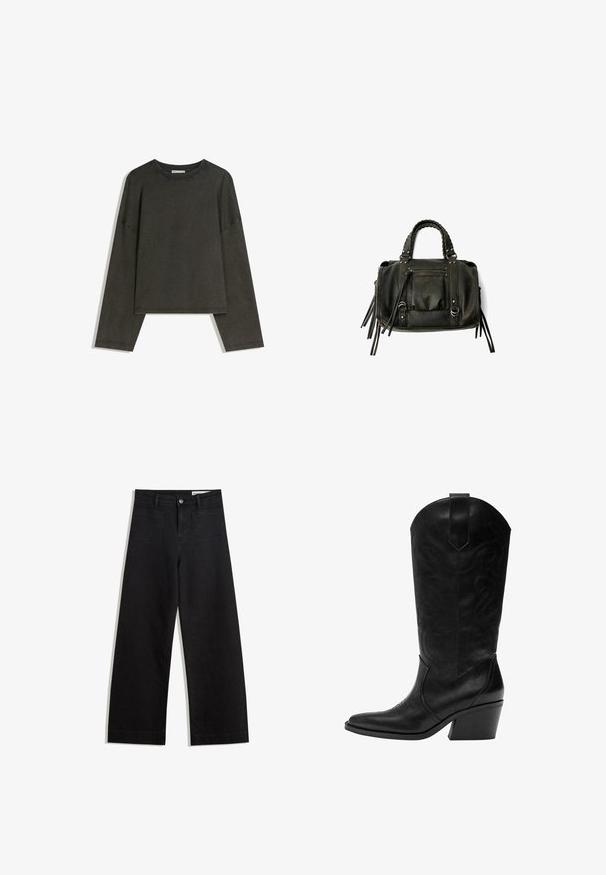 Tamna siva majica dugih rukava izrađena od pamuka i elastina. Kutni kroj s okruglim izrezom i spuštenim ramenima, s vidljivim šavovima.; Crne široke traperice s visokim strukom, s prednjim i stražnjim džepovima, šivenim šavovima i kopčanjem na gumb. Glatka tekstura.; Crne kožne kaubojke s oštrim vrhom, ukrasnim šavovima, srednje visokom kutnom blok petom i trakama za povlačenje na okovratniku.; Crna kožna torba s pletenim ručkama, džepom na zatvarač i visećim resicama. Teksturirana površina s metalnim zakovicama i hardverskim naglascima.