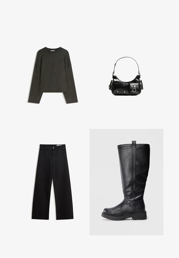 Temno siva dolga majica z dolgimi rokavi, izdelana iz bombažnega vlakna. Ima kvadratno obliko, okrogel izrez in spuščene ramena, z vidnimi šivi.; Črne široke denim hlače z visokim pasom, ki imajo sprednje in zadnje žepe, šivane šive ter gumbasto zapiranje. Gladka tekstura.; Črne škornje do kolen iz gladkega usnja s ploskim podplatom, z bočnim šivom in majhnim zanko na vrhu za enostavno oblačenje.; Črna lakasta usnjena torbica s ukrivljeno obliko, enim ramenskim trakom, sprednjimi žepi in srebrnimi kovinskimi dodatki.