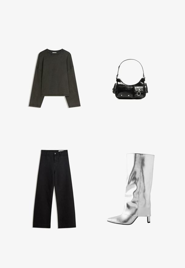 Tamna siva majica dugih rukava izrađena od pamuka i elastina. Kutni kroj s okruglim izrezom i spuštenim ramenima, s vidljivim šavovima.; Crne široke traperice s visokim strukom, s prednjim i stražnjim džepovima, šivenim šavovima i kopčanjem na gumb. Glatka tekstura.; Srebrna kožna čizma do koljena s šiljastim nosom, glatkom teksturom i elegantnim dizajnom. Ima malu blok petu i šavove.; Crna patentna kožna torba s zakrivljenim oblikom, jednim remenom za rame, prednjim džepovima i akcentima od srebrnog tona.
