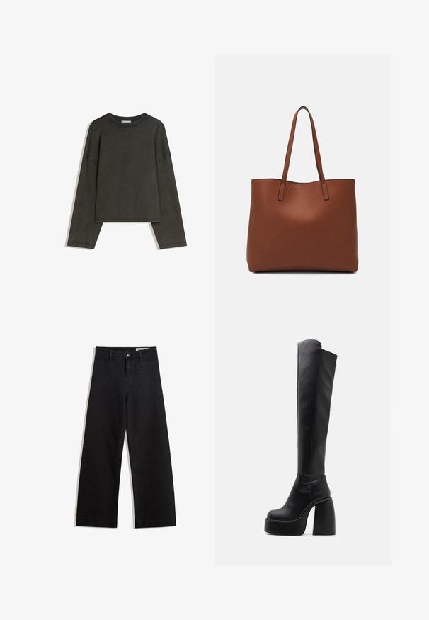Tummanharmaa pitkähihainen paita, joka on valmistettu puuvillasekoitekankaasta. Laatikkomainen muoto, jossa on pyöreä pääntie ja tiputetut olkapäät, sisältäen näkyvää ommelta.; Mustat leveät farkut korkealla vyötäröllä, joissa on etu- ja takataskut, ommellut saumat ja nappisuljenta. Silkinoinen rakenne.; Buffalo HEART STRETCH BOOT - Platform-saappaat - black; Ruskea nahkainen olkalaukku, jossa on sileä pinta, avoin yläosa ja kaksi olkahihnaa. Omaavat vain minimaalisen ompelun eikä näkyvää metalliosaa.