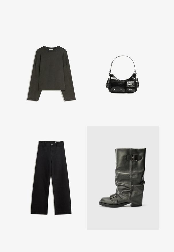 Dark grey long-sleeve top made of cotton-blend fabric. Boxy shape with a round neckline and dropped shoulders, featuring visible stitching.; Black wide-leg denim pants with a high waist, featuring front and back pockets, stitched seams, and a button closure. Smooth texture.; Black faux leather ankle boot with a slouchy shaft, a chunky heel, and two metallic buckles on the side for detail.; Black patent leather handbag with a curved shape, one shoulder strap, front pockets, and silver-tone hardware accents.