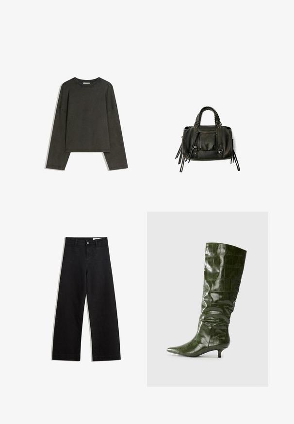 Dark grey long-sleeve top made of cotton-blend fabric. Boxy shape with a round neckline and dropped shoulders, featuring visible stitching.; Black wide-leg denim pants with a high waist, featuring front and back pockets, stitched seams, and a button closure. Smooth texture.; Tall dark green crocodile-pattern leather boot with a pointed toe and low kitten heel, shown from the side on a plain background.; Black leather handbag with braided handles, zipper pocket, and hanging tassels. Textured surface with metal studs and hardware accents.